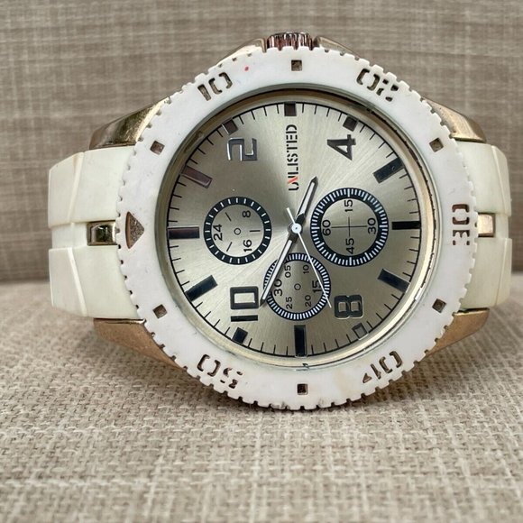 Unlisted Men Wristwatch White Band Gold Tone Case Quartz Analog - Picture 7 of 9